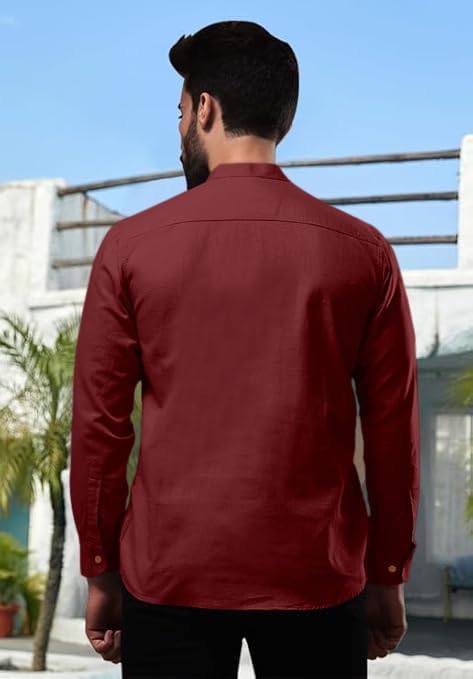 Royalscout MenS Cotton Polyester Blend Solid Regular Fit Full Sleeve Short Kurta Maroon