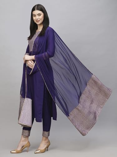 ANNI DESIGNER Womens Cotton Blend Straight Printed Kurta with Pant & Dupatta (KIKU BEGANI_L_Purple_Large)