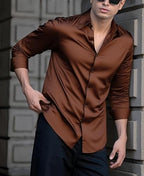 Indoprimo MenS Casual Button Down Long Sleeve Satin Plain Shirt Brown