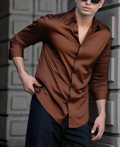 Indoprimo MenS Casual Button Down Long Sleeve Satin Plain Shirt Brown