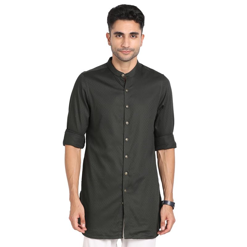 Turtle Men 100% Cotton Dark Green Jacqard Print Slim Fit Ceremonial Kurta