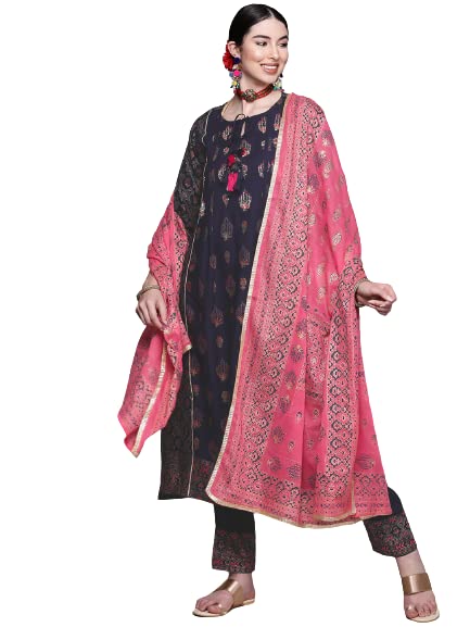 Anubhutee Women'S Viscose Rayon Navy Blue Ethnic Motifs Printed Kurta, Palazzos & Dupatta Set