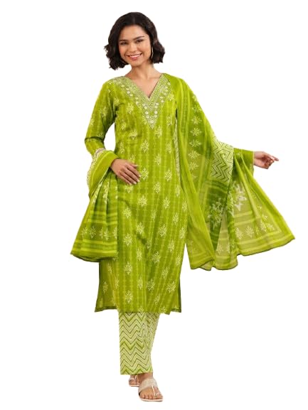 Libas Green Printed Cotton Blend Straight Kurta set for Women (400625RXS)