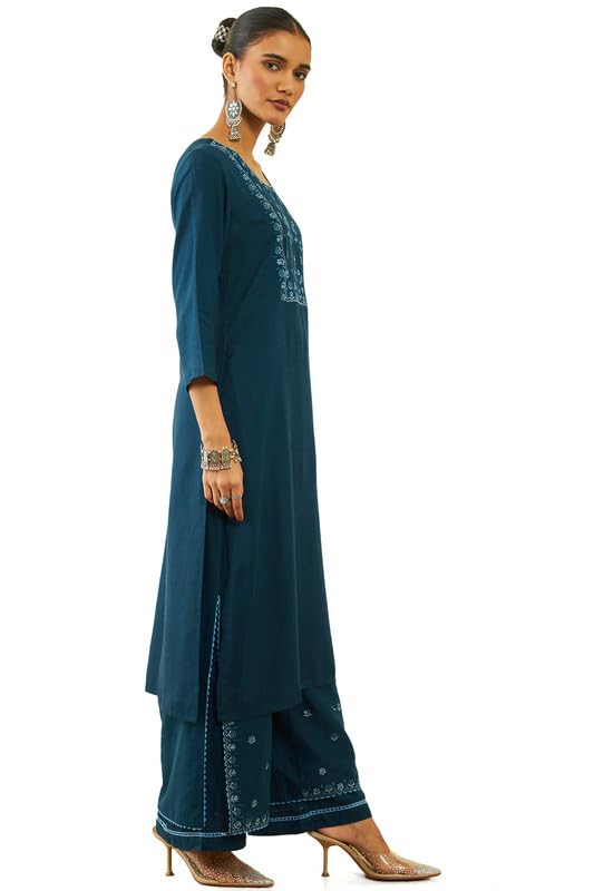 Soch Womens Blue Rayon Slub Embroidered Straight Kurta Sets With Layered Palazzo
