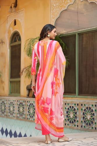 ANNI DESIGNER Womens Cotton Blend Straight Printed Kurta with Pant & Dupatta (Kapila Pink_M_Pink_Medium)