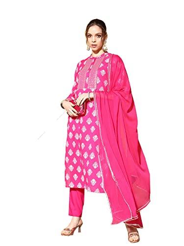 Ishin Women'S Cotton Pink Embroidered A-Line Kurta Trouser Dupatta Set