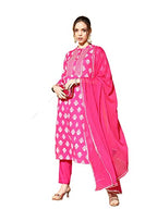 Ishin Women'S Cotton Pink Embroidered A-Line Kurta Trouser Dupatta Set
