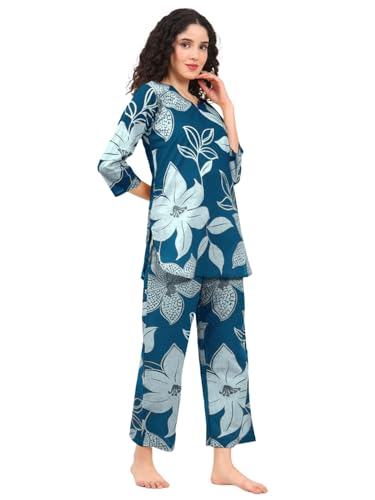 Pinkmint Pure Cotton Co Ord Set For Women L 3/4 Sleeve Printed Comfortable & Stylish Trendy Top & Bottom Matching Set Blue
