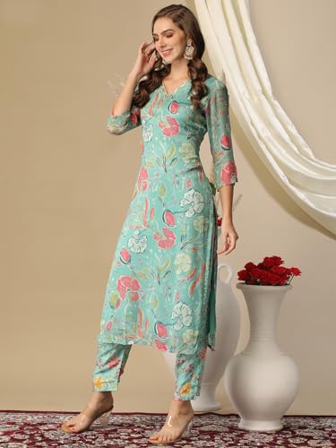 ANNI DESIGNER Womens Cotton Blend Straight Printed Kurta with Pant (Vitudi Green-NW_XXL_Green_XX-Large)