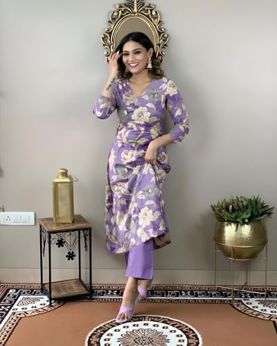 ANNI DESIGNER Womens Cotton Blend Straight Printed Kurta with Pant (DHUN Lavender_S_Lavender_Small)
