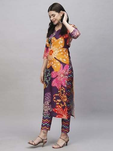 ANNI DESIGNER Womens Cotton Blend Straight Printed Kurta with Pant (Wahida Purple_S_Purple_Small)