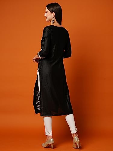 ANNI DESIGNER Womens Cotton Blend Straight Chikankari Embroidered Kurta (Victoria Black_M_Black_Medium)