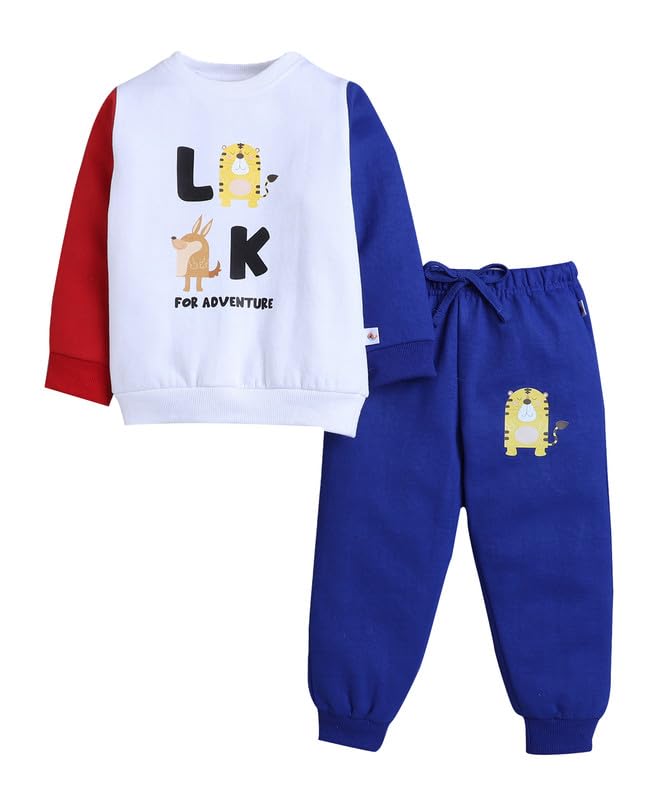 Bumzee Boys White & Blue Spun Fleece Full Sleeves Animal Print Regular Fit Sweatshirt & Jogger Set - 12-18 Months (Peb11093D-Wht