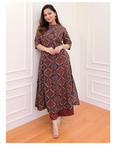 ANNI DESIGNER Womens Cotton Blend Straight Printed Kurta with Palazzo (ABP Maroon_S_Wine_Small)