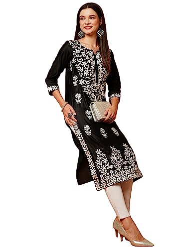 ANNI DESIGNER Womens Cotton Blend Straight Chikankari Embroidered Kurta (Victoria Black_M_Black_Medium)