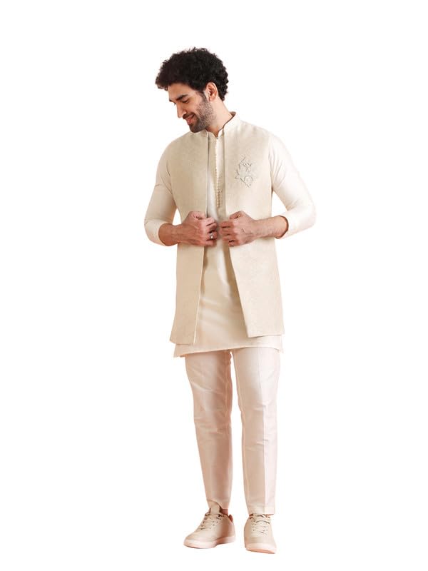 Kisah Mens Kurta Jacket Trouser Set|Silk Blend Fabric Stylish Woven Design Pattern Mens Ethnic Wear|Regular Fit Mandarin Collar 