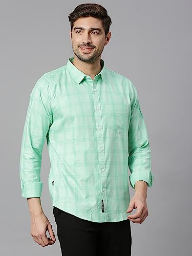 Thomas Scott Mens Checkered Slim Fit 100% Cotton Casual Shirt with Spread Collar and Long Sleeve Green