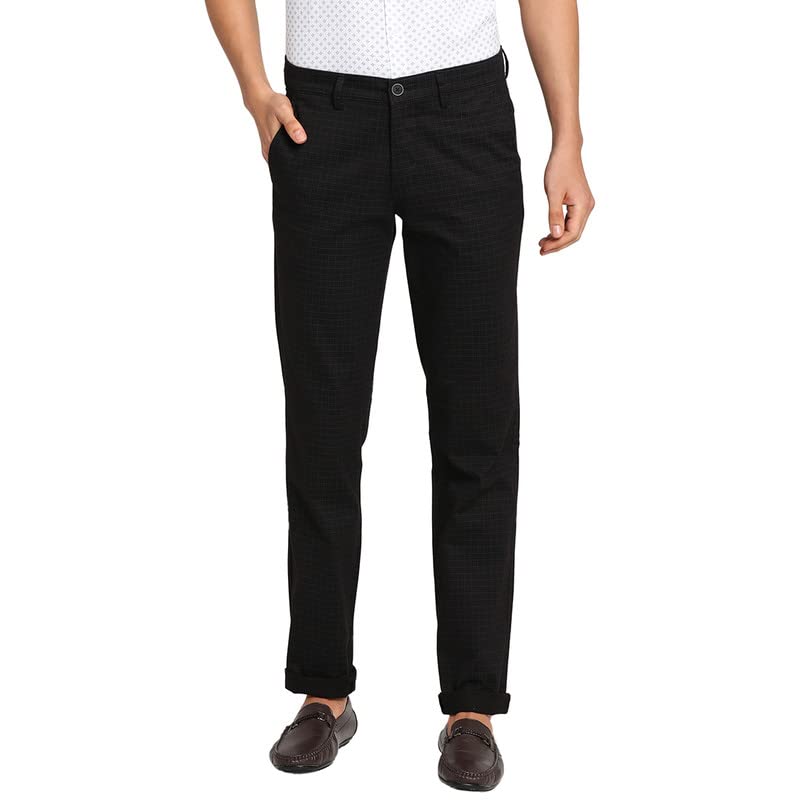 Turtle Men Cotton Stretch Black Checked Ultra Slim Fit Trousers