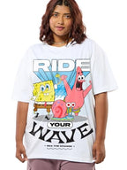 Bewakoof Official Spongebob Merchandise Womens Graphic Printed Oversized Fit Half Sleeve Round Neck Cotton Jersey Plus Size T-S