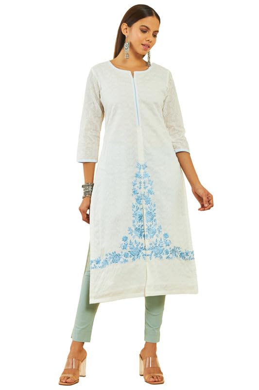 Soch Womens Off White Cotton All-Over Thread Embroidered Straight Kurta