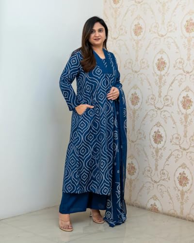 ANNI DESIGNER Women s Anarkali Viscose Kurta with Trousers and Dupatta, Blue, XL