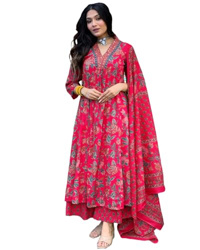 GoSriKi Womens Rayon Viscose Anarkali Printed Kurta with Palazzo & Dupatta (CIA Pink-GS_XXL_Pink_XX-Large)