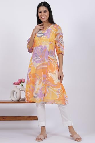 W For Woman Printed A-Line Chiffon Kurta (Size: 2Xl)-W11531-123741 Orange