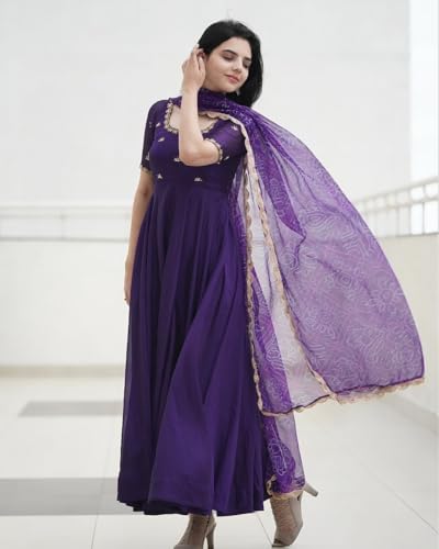 ANNI DESIGNER Womens Rayon Blend Anarkali Embroidered Kurta with Pant & Dupatta (Gumsum Begani_XL_Begani_X-Large)