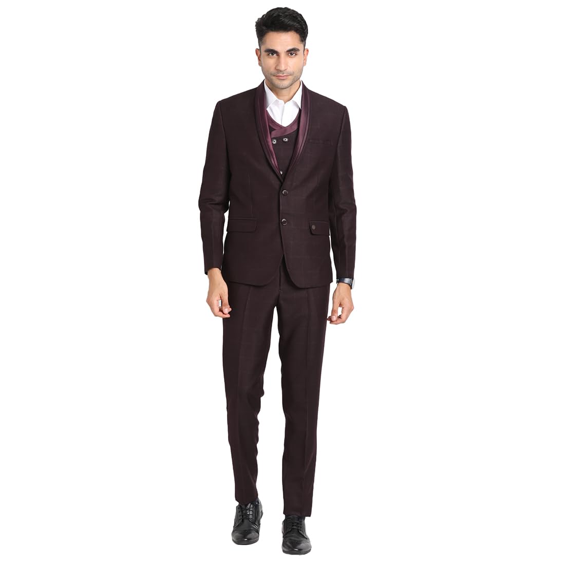 Turtle Men Poly Viscose Shawl Collar Tailored Fit Brown Three Piece Formal Suits