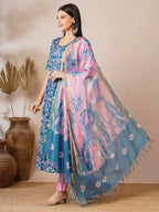 ANNI DESIGNER Womens Cotton Blend Anarkali Printed Kurta with Pant & Dupatta (NINA KEROCIN-VKS01_S_Blue_Small)
