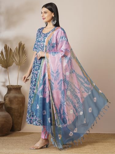 ANNI DESIGNER Womens Cotton Blend Anarkali Printed Kurta with Pant & Dupatta (NINA KEROCIN-VKS01_S_Blue_Small)