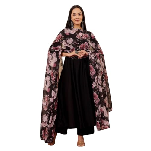 Toochki WomenS Black Rayon Fit & Flared Ethnic Gown With Dupatta For Women | Ethnic Gowns Set | Ethnic Anarkali Set | Dress For