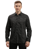 Turtle Men Cotton Tencel Slim Fit Printed Black Party Shirt
