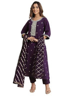 Libas Gerua Womens Embroidered Silk Blend A-Line Kurta With Trousers And Dupatta