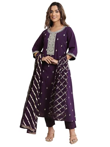 Libas Gerua Womens Embroidered Silk Blend A-Line Kurta With Trousers And Dupatta