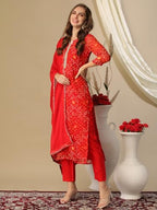 ANNI DESIGNER Womens Cotton Blend Bandhani Printed Straight Kurta with Pant & Dupatta (TURAE-RED-Nw_XL_Red_X-Large)