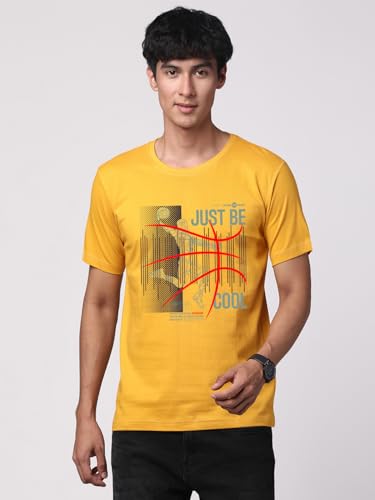 ADRO Mens Graphic Printed 100% Cotton T-Shirt - Regular Fit, Printed T-Shirts for Men (RN24-BCL-MU_Mustard_S)