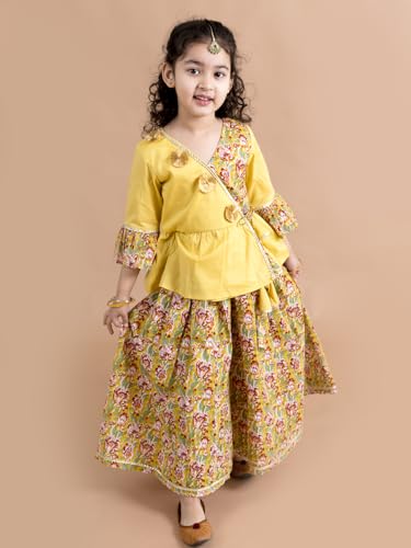 Pspeaches Girls Cotton Fit and Flare Floor Length Dress (IW-floralmustard-7_Mustard