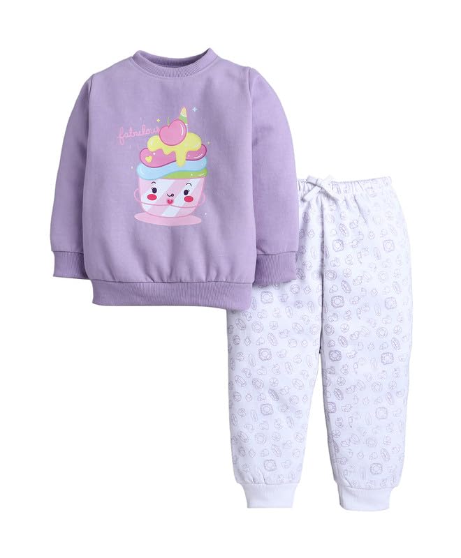 BUMZEE Girls Lavender & White Spun Fleece Full Sleeves Animal Print Regular Fit Sweatshirt & Jogger Set - 2-3 Years (Peb11096F-l