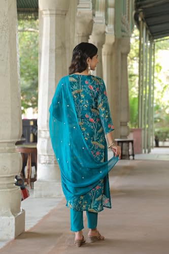 ANNI DESIGNER Womens Cotton Blend Straight Printed Kurta with Pant & Dupatta (GETO RAMA_L_Light Blue_Large)