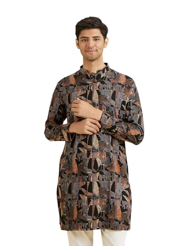 Manyavar MenS Spandex Abstract Metallic Gold Print Kurta(Black,Xxl)