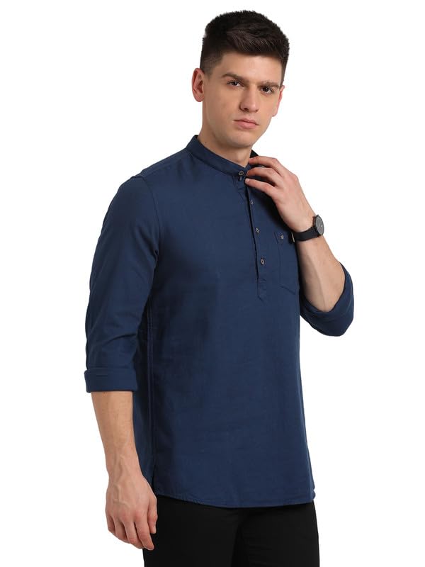 Turtle Men 100% Cotton Solid Full Sleeve Casual Indigo Blue Kurta Shirt