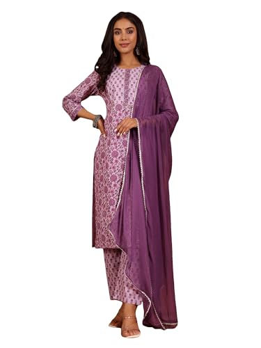 Varanga Ethnic Floral Printed Straight Kurta Paired With Tonal Printed Bottom And Dupatta Purple