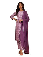 Varanga Ethnic Floral Printed Straight Kurta Paired With Tonal Printed Bottom And Dupatta Purple
