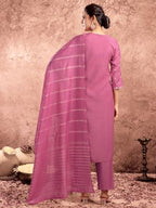 Sanisa Women'S Silk Blend Pigment Print & Embroidery Straight Kurta With Pant And Dupatta Set