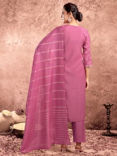 Sanisa Women'S Silk Blend Pigment Print & Embroidery Straight Kurta With Pant And Dupatta Set