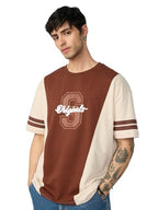 The Souled Store Colourblock T-Shirt: Savanna Men And Boys Short Sleeves Round Neck Brown And Off White Cotton Oversized T-Shirt