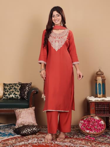 Varanga Women Rust Round Neck Zari Embroidered Yoke Straight Kurta With Tonal Bottom And Dupatta