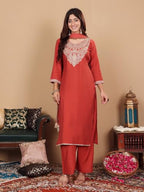Varanga Women Rust Round Neck Zari Embroidered Yoke Straight Kurta With Tonal Bottom And Dupatta