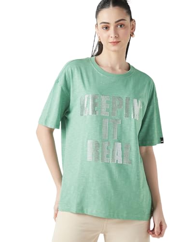 Bewakoof Air 1.0 Womens Typography Oversized Fit Half Sleeve Round Neck Cotton Slub T-Shirt_647253_Green_2XL